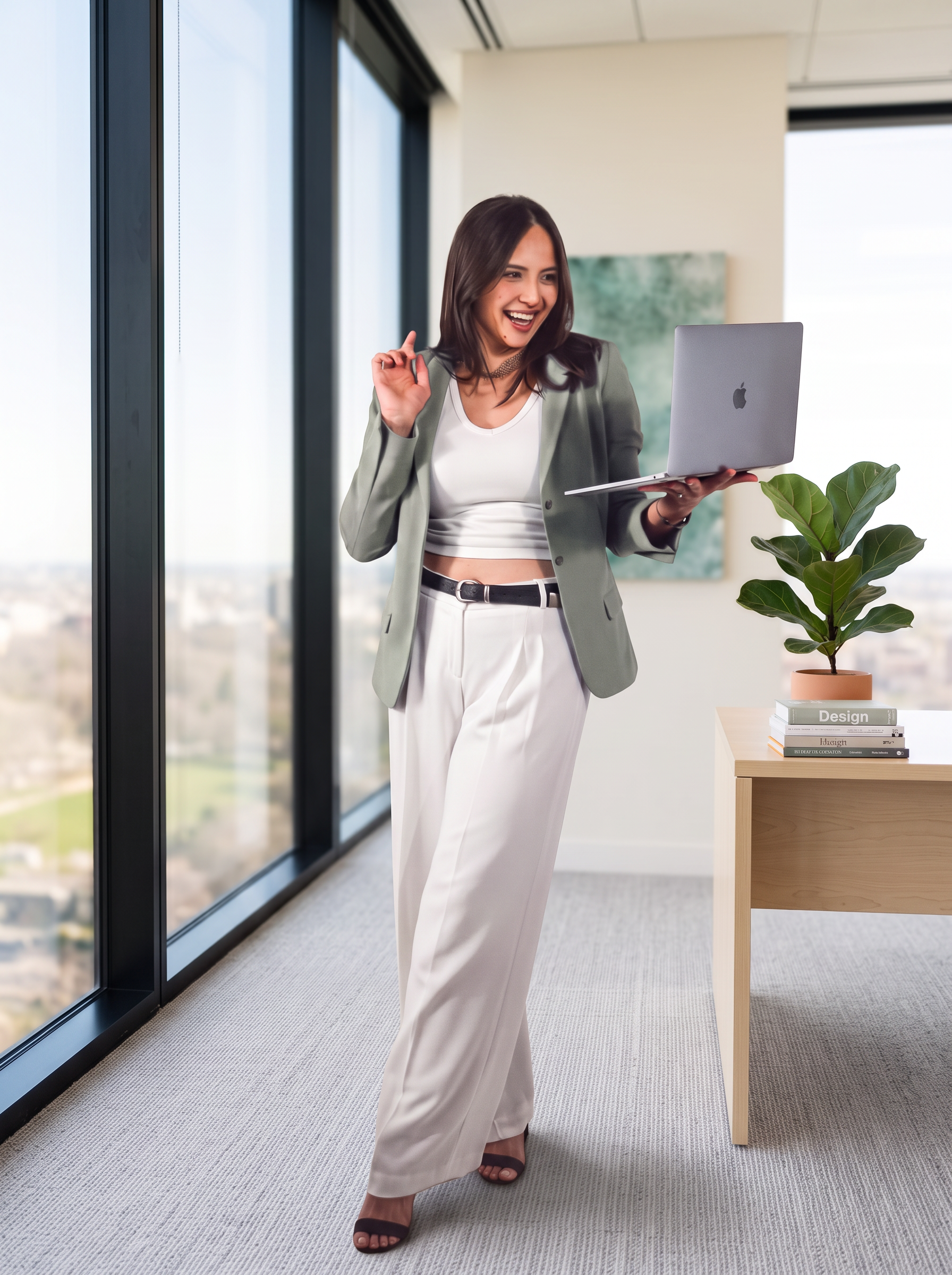 Ashley Gomez laughing in a bright modern office